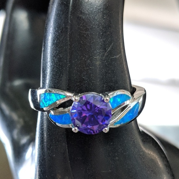 SOLD Beautiful sterling lab opal and amethyst ring - Picture 1 of 2